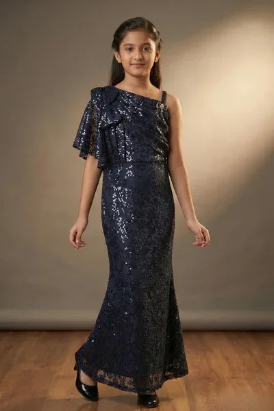 Blue Sequin Embellished One-Shoulder Party Wear Gown For Girls